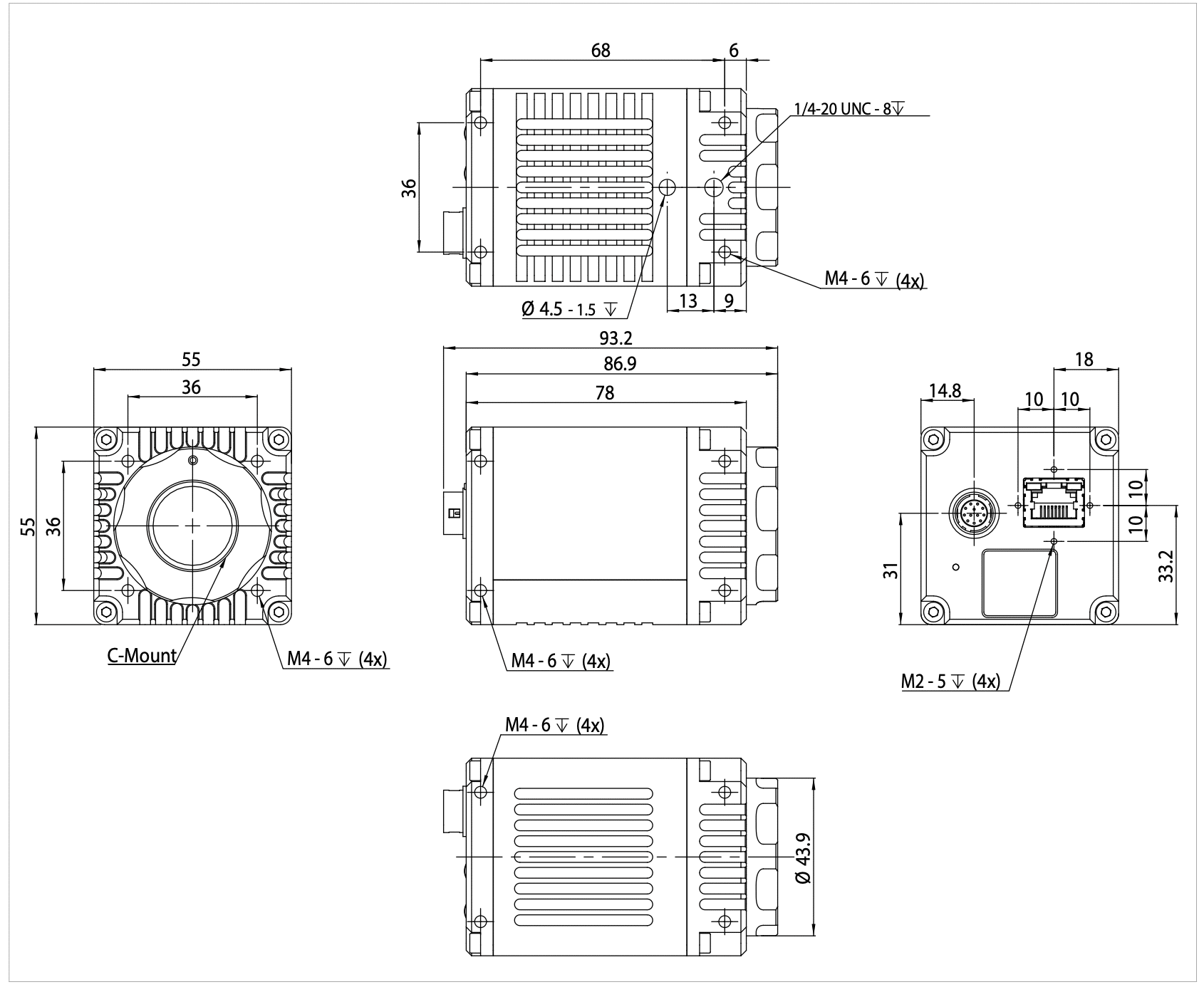 CinCam InGaAs dimensions with C-mount lens adapter