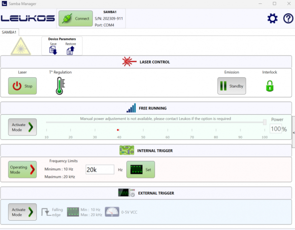 Samba supercontinuum laser software screenshot