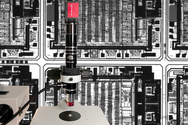 SWIR microscopy setup including camera and optics for semiconductor inspection