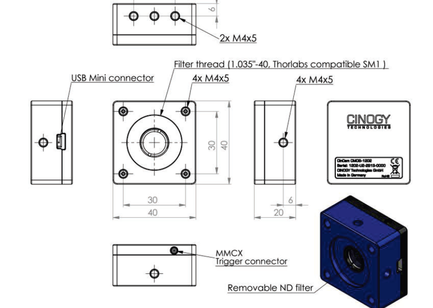 technical drawing of cincam cmos beam profiler