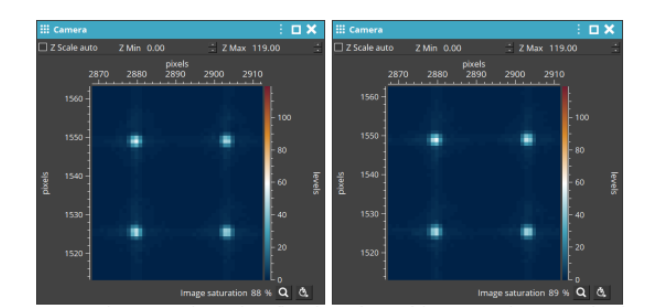 Centroids corresponding to the Reflected Wavefronts of the mirror in the vacuum chamber before (left, at time A) and after (right at time B) the pump is switched On.