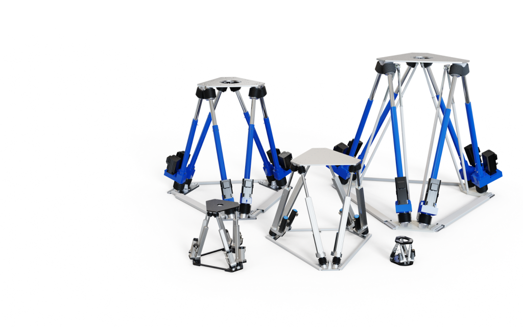 Symetrie motion hexapods (Stewart platforms) displayed to scale