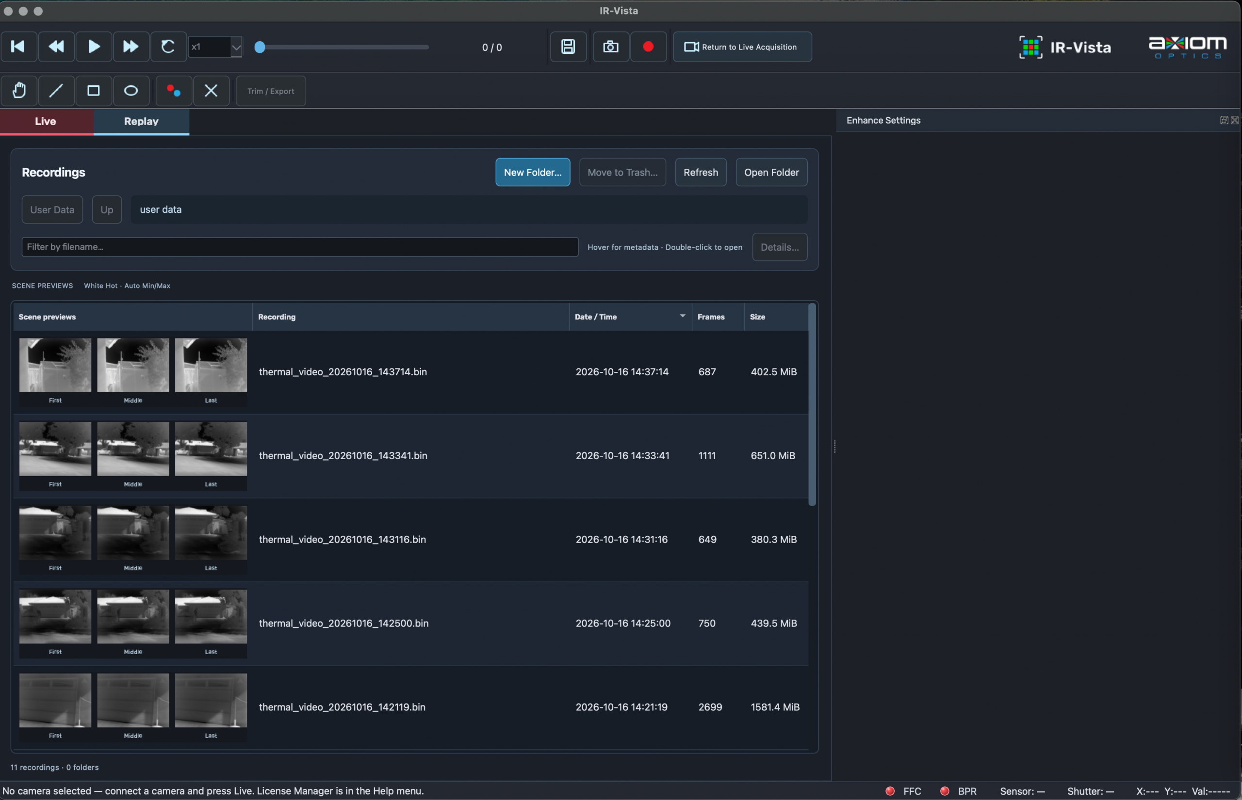 IR-Vista offline Replay tab showing the recording browser, scene thumbnails, dates, frame counts and file sizes
