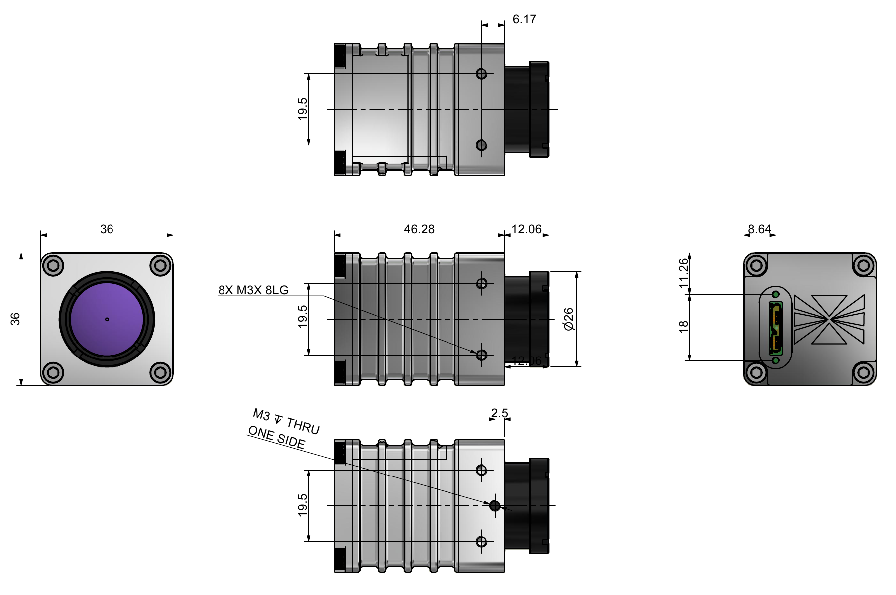 OGICam 640 OGI camera mechanical drawing with five dimensioned orthographic views